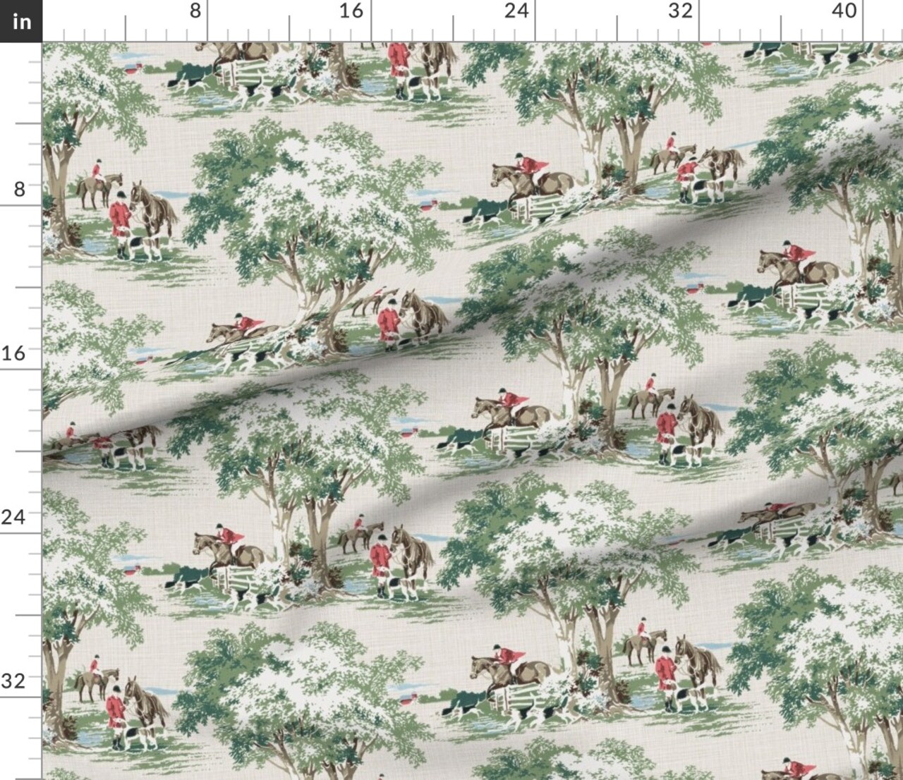 Various Fabrics by the Yard or Fat Quarter Equestrian Toile Fox Hunting English Traditional Hunt Pony Horse Master Green Beige Red Custom Printed Fabric by Spoonflower